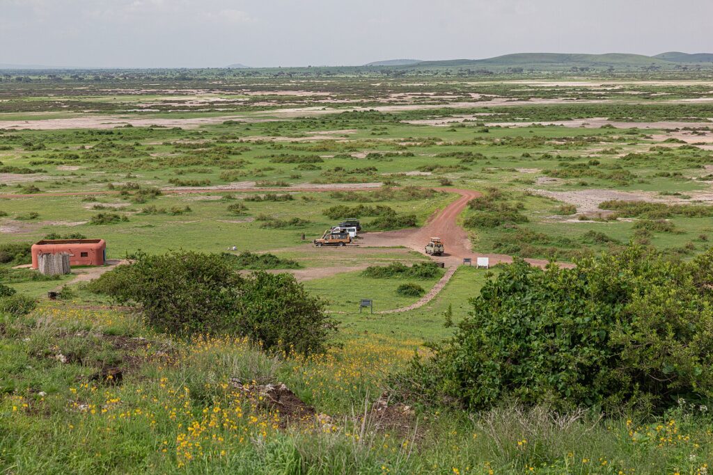 Výhled z Observation Hill na zelenou pláň se skvrnami soli, rudou cestu, tři vozy 4x4 zaparkované u malé okrové budovy a v dálce nízké kopce