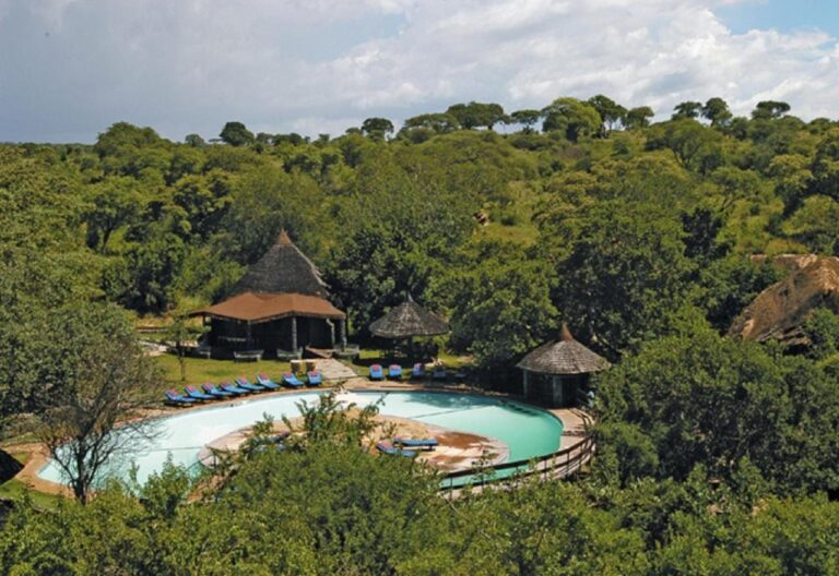 Bazén Tarangire Sopa Lodge shora, obklopený buší