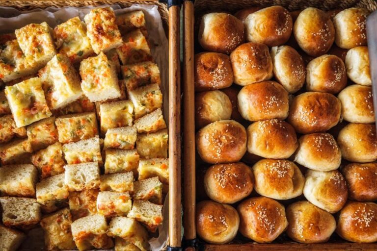 Housky a kostky opečeného chleba vytažené z trouby